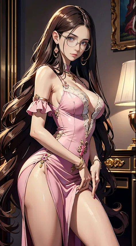 Beautiful italian woman, ((best quality)), ((masterpiece)), ( extreme detailed, highest detailed, official art, beautiful and aesthetic:1.2), absurdly long hair, hair between eyes, brown hair, pink eyes, (((glasses))), elegant sexy pink dress, high heels,