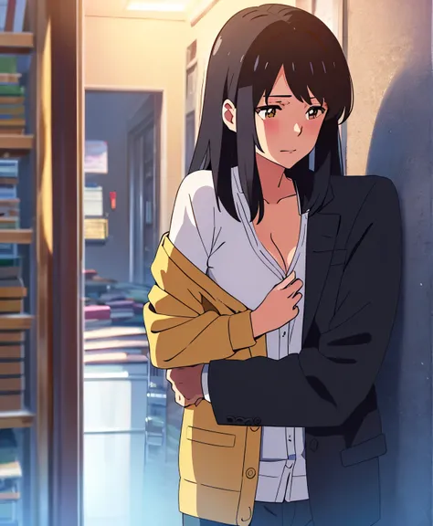 shinkai makoto, kimi no na wa., 1middle age man, wrinkle face, black hair,bangs swept to the right side, office suit, middle aged man caressing girls body, cheek kissing, passionate hug, boy is hugging from behind, chestgrope from behind, middle aged man i...