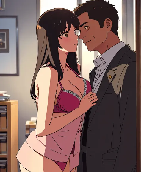 shinkai makoto, kimi no na wa., 1middle age man, wrinkle face, black hair,bangs swept to the right side, office suit, middle aged man caressing girls body, kiss cheeks, sex from behind, sex, Doggystyle, boy is hugging from behind, chestgrope from behind, m...