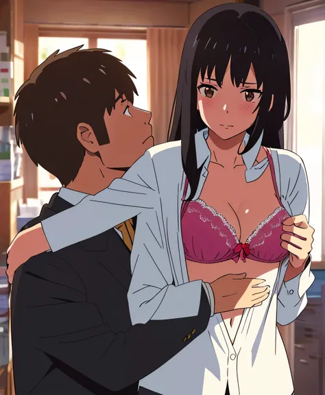 shinkai makoto, kimi no na wa., 1middle age man, wrinkle face, black hair,bangs swept to the right side, office suit, middle aged man caressing girls body, kiss cheeks, sex from behind, sex, Doggystyle, boy is hugging from behind, chestgrope from behind, m...