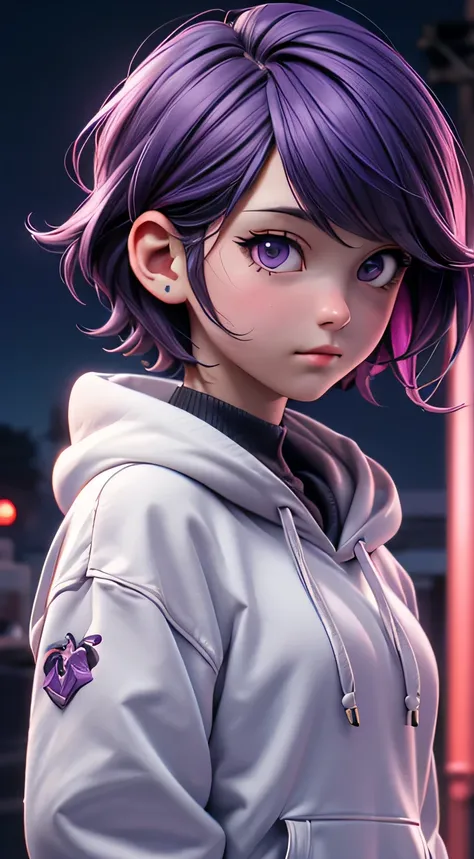 (Best quality,ultra detailed,Realistic:1.37),anime girl,white short hair,Purple eyes,hoodie,PC,streamer,Vtuber,Street style,illustration,anime,neon colors,soft lighting