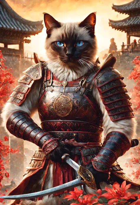 official art, unified 8k wallpaper, super detailed, Beautiful and beautiful, masterpiece, best quality, watching a film《lord of the ring》style of,Real scenes,Epic war scenes,(siamese cat warrior:1.4),(whole body:1.2), Put on exquisite armor,Holding a long ...