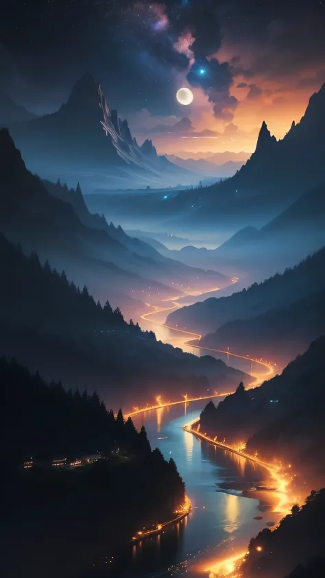 A painting of a river with stars and moon in the sky with rain, arte conceitual inspirada em Tosa Mitsuoki, vencedor do concurso pixiv, melhor qualidade, arte de fantasia, bela cena de anime, uma lua brilhante, ambiente estrelado ao luar, pintura de sonho,...