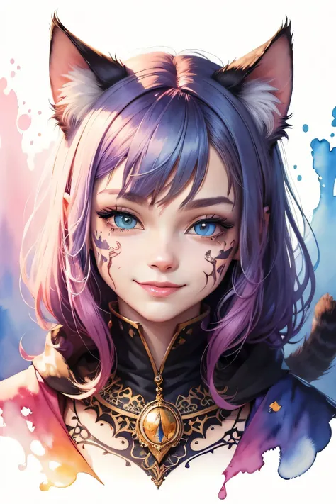 Color Style, digital art of (Cat character), official art, front, smile, masterpiece, beautiful, ((watercolor)), face painting, Ink splash, intricate details. very fine eyes, [drip:0.5], art station trends, Rachel Walker