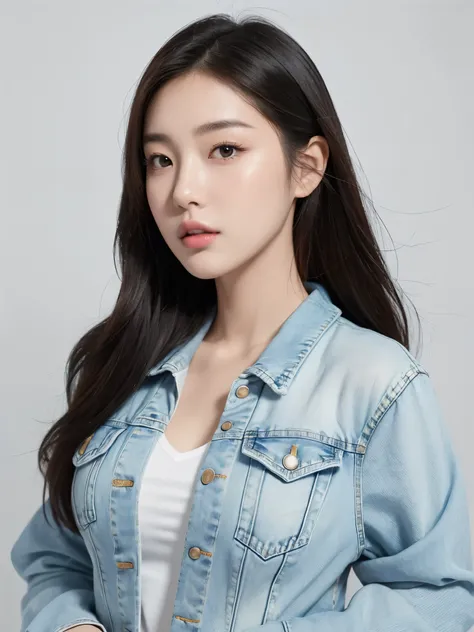 （In reality， high resolution：1.3, masterpiece, 8K, best quality, ultra detailed ）,
korean girl wearing denim jacket, very beautiful face, (photo realistic:1.4), studio shoot,pictorial,photography,realistic eyes, Ultra-Detailed Face, Detailed Lips, normal h...