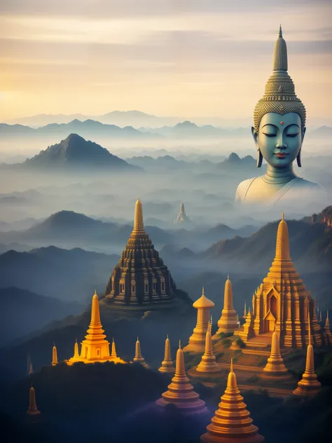 Araaf is a picture of a person sitting on a hill., Thailand art, Buddhism, Thailand, Bangkok, Buddhist, matte painting”, matte painting ”, By Kurt Roach, matte painting of human mind, glowing temple in the distance, shutter stock, by Jakob Gauermann, 3 d r...