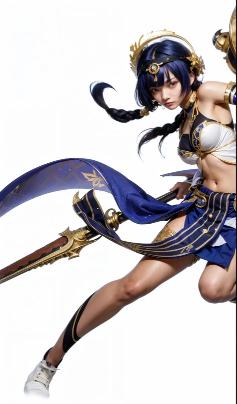 Candace, genshin impact, sumeru, female, teenage, busty, dark skin, dark blue hair with gold bandana and eye brooch