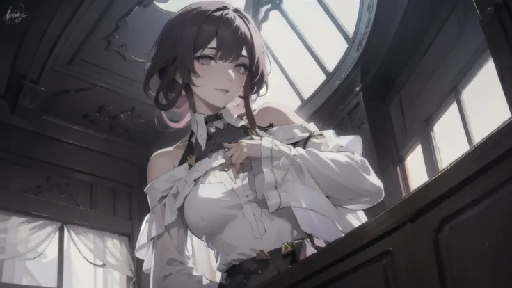 kafka from honkai star rail is envisioned in a gentle and intimate setting, adorned in a covered white tgown that gracefully dra...