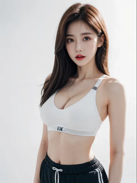 A slender woman, red glossy lips,(beautiful face), (best quality), (Super detailed), (Extremely detailed CG unified 8k wallpaper),(SPORT BRA), Model photo, (standing), (pure white background),(cleavage),(big eyes),(average light source),(sweat shorts),(sma...