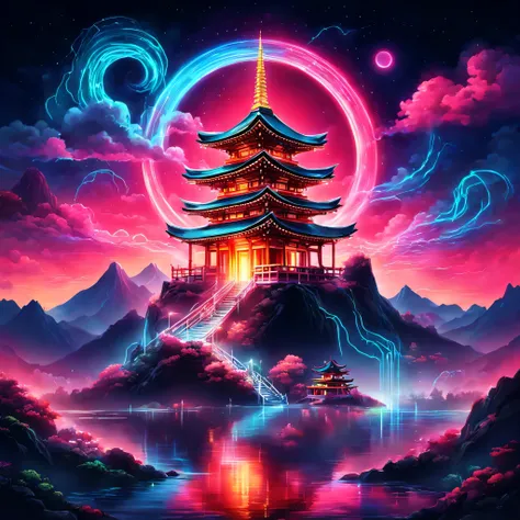 the aesthetics of vaporwave,landscape painting,japan colored in neon colors,fuji mountain,shrine,cloud,aurora,beautiful,rich col...