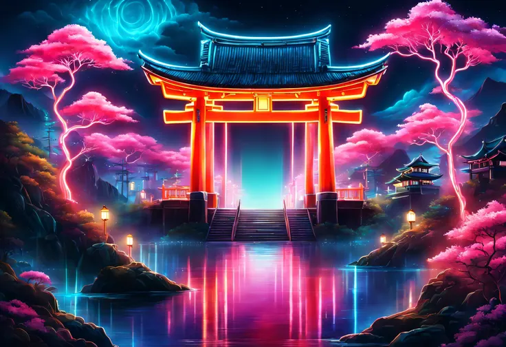 The aesthetics of Vaporwave,Landscape painting,retro,Shrine painted in neon colors,Kyoto,Fushimi Inari,torii,cloud,aurora,beautiful,rich colors,flash,と明るいflash,Cast colorful spells,Draw in neon colors on a dark background,Fusion of good old Japanese scener...