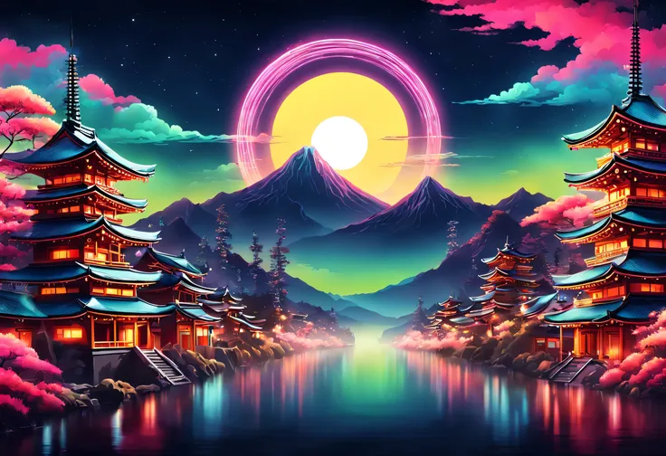 the aesthetics of vaporwave,landscape painting,retro,shrine painted in neon colors,kyoto,fushimi inari,torii,moon,star,cloud,aur...