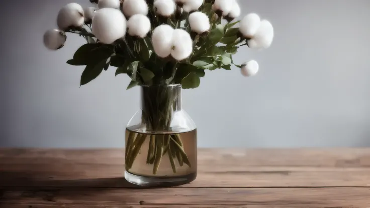 hyper ultra realistic photographs full body of A ethereal bouquet of cotton flowers bathed in a soft, moonlight glow. The glass vase shimmers with a silvery sheen, and the backdrop is a deep, velvety blue, creating a scene of mystical beauty. ratio 16:9, 4...