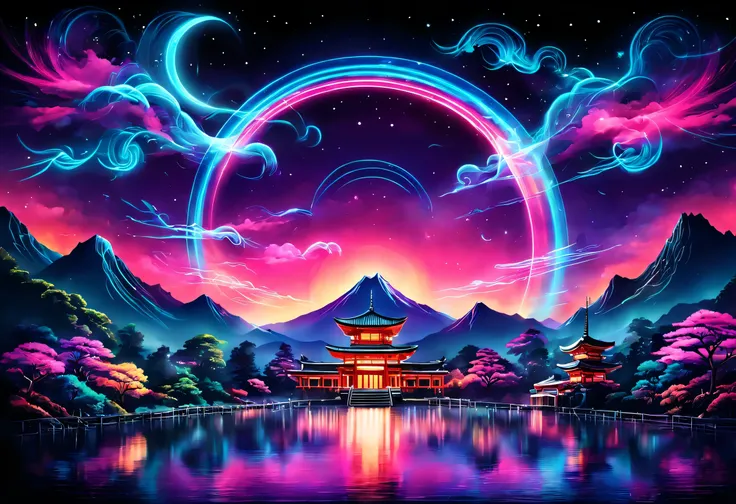 the aesthetics of vaporwave,landscape painting,retro,temple painted in neon colors,kyoto,fuji mountain,torii,moon,star,cloud,aur...