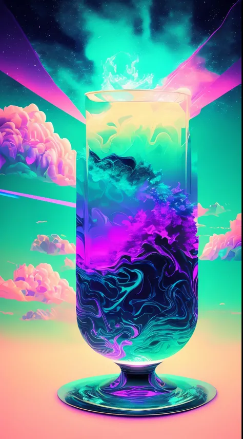 poster design：Simple，originality，fluids，Gradient，vaporwave，Laser colorful light waves，Metal refraction，许多的fluids气泡、炫彩Gradient几何艺术等元素，The collision of future elements and retro elements、recombination。Exaggerated artistic expression，concept art, Vaporwave Ae...