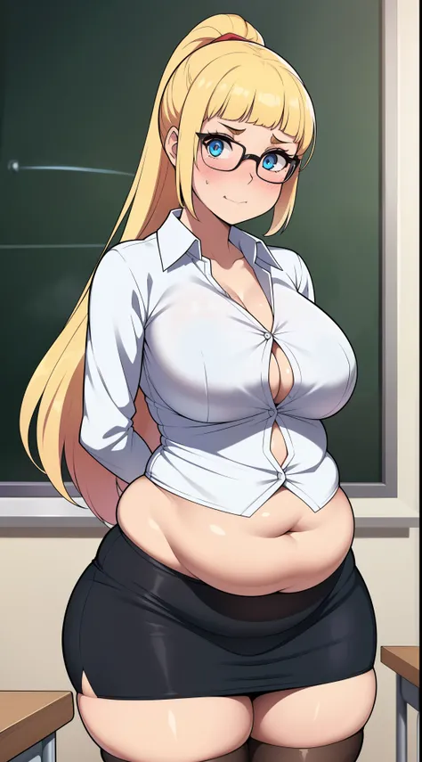 ((((kipteitei art)))), ((highres)),Masterpiece, high quality, best quality, beautiful, perfect lighting, detailed face, ultra cute face, ((1girl)), ((solo), long blonde hair, ponytail, blue eyes, glasses, embarrassed look, masochist, aroused, ((blush)), lo...