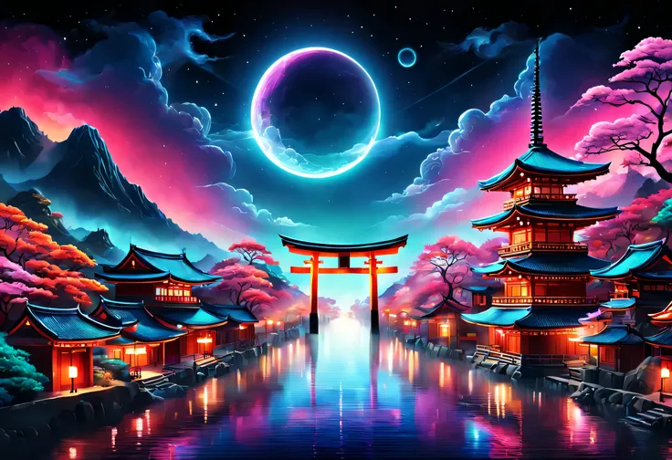 the aesthetics of vaporwave,landscape painting,retro,shrine painted in neon colors,kyoto,fushimi inari,torii,moon,star,cloud,aur...