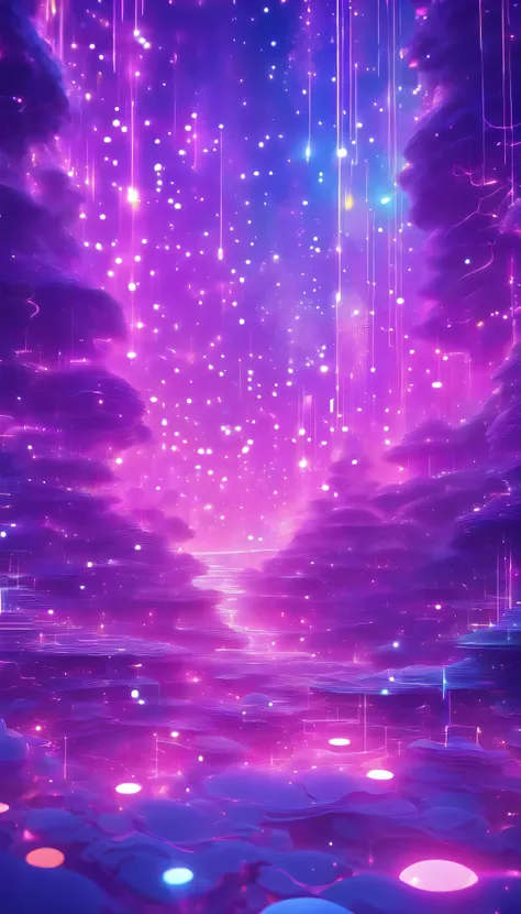 Data technology futuristic illustration, a wave of bright particles, presenting technical 3D landscape and big data visualization. A network of dots connected by lines creates an abstract digital background with a purple color scheme in a surreal 3D render...