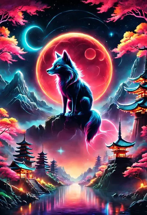 the aesthetics of vaporwave,landscape painting,shrine painted in neon colors,kyoto,fushimi inari,torii,silhouette of a fox,moon,...