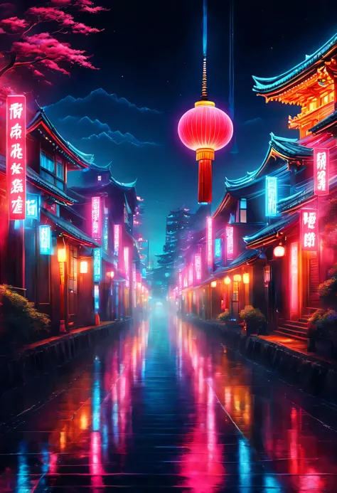 The aesthetics of Vaporwave,Landscape painting,Japan colored in neon colors,Kyoto,Kiyomizu temple,Around Ninenzaka,,beautiful,rich colors,flash,とてもflash,Cast colorful spells,Draw in neon colors on a dark background,Fusion of good old Japanese scenery and m...