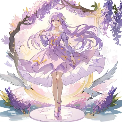 Anime girl wearing purple skirt，There is a bird in the background, lilacs, my dress up darling anime, Cute anime waifu wearing beautiful clothes, clear Fashion Design, !!full body portrait!!, Soft anime illustration, Fashion Design, Beautiful anime style, ...