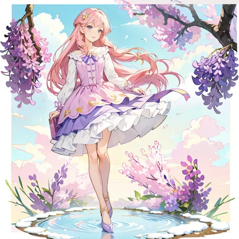 Anime girl wearing purple skirt，There is a bird in the background, lilacs, my dress up darling anime, Cute anime waifu wearing beautiful clothes, clear Fashion Design, !!full body portrait!!, Soft anime illustration, Fashion Design, Beautiful anime style, ...