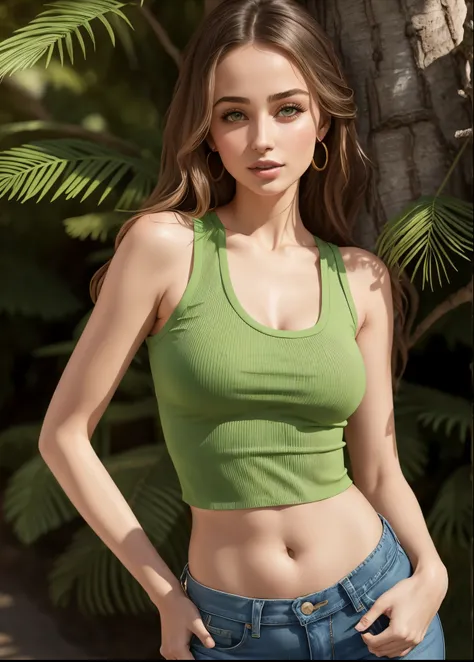 Pretty woman in green tank top and jeans standing in front of tree, Wearing a sexy crop top, 24 year old female model, portrait of sophie mudd, wearing a vest de corte baixo, wearing a vest, Green camisole vest, her navel exposed, Wearing a cute top, flat ...