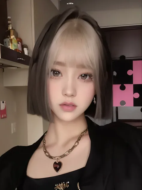 un primer plano de una persona con un collar y un collar, Con pelo corto, peinado de corte hime blanco, con el mismo peinado, el corte de hime, ulzzang, Con pelo corto con flequillo, cruel korean gothic girl, Lalisa Manoban de Blackpink, retrato de jossi d...