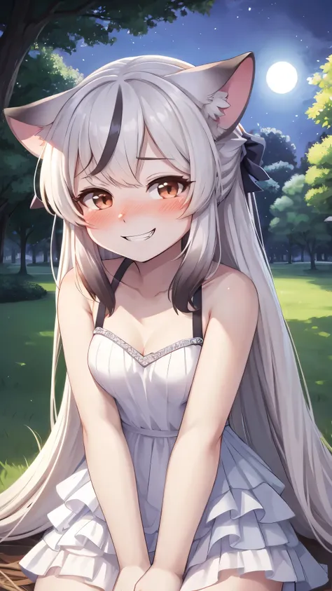 furry girl,ultra detailed fur,park,white dress,moonlight,all face blush,grin,eye close,looking at viewer