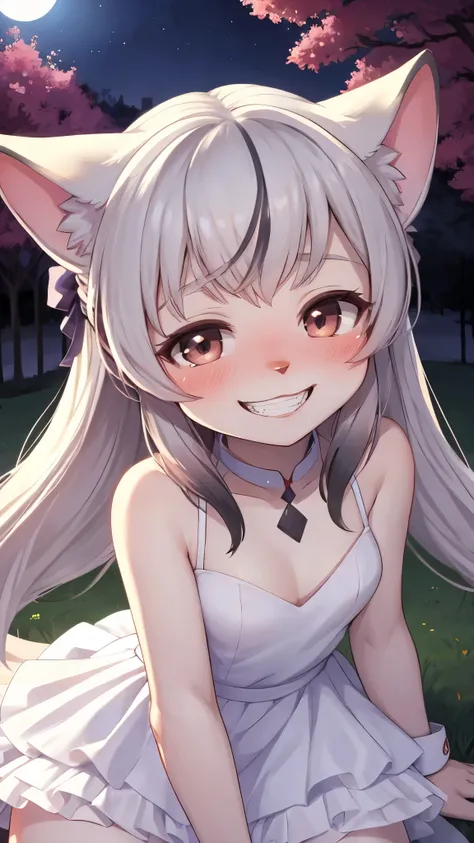 furry girl,ultra detailed fur,park,white dress,moonlight,all face blush,grin,eye close,looking at viewer