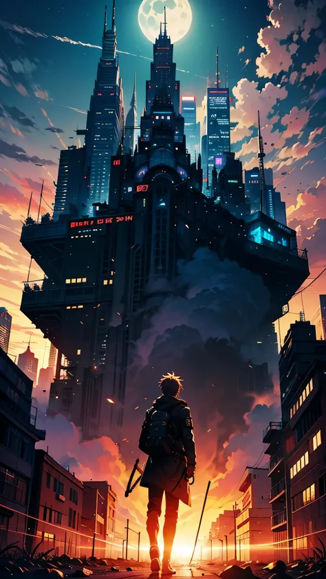 1boy,(a 27 years old guy : 1.5)、Anime-style protagonist、Cyberpunk Boy、silber hair、katanas,machine gun、Whole body bloody、Overhead view of the composition、The beginning of the adventure、Lots of clouds, heavy fog、Moon, Chaotic city of the future、dystopian、Vib...