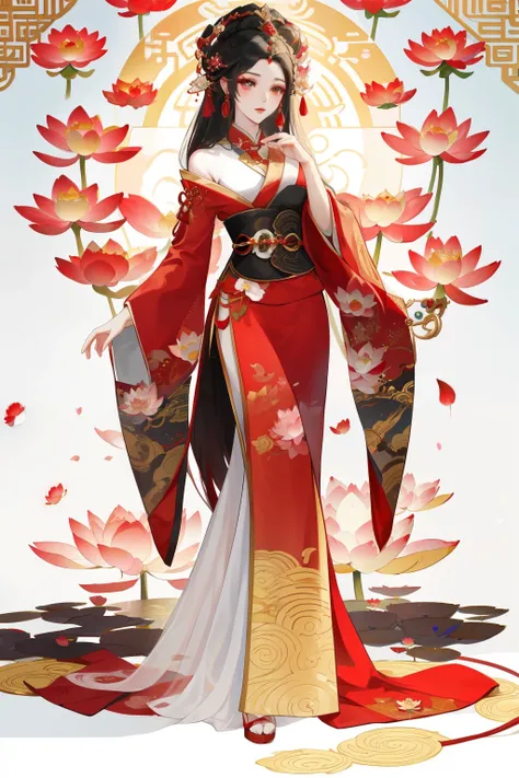 One wearing a red dress、Closeup of woman with flowers, Gilded Lotus Princess, Onmyoji Detailed Art, Inspired by Lan Ying, flowing magic robe, ((beautiful fantasy queen)), beautiful fantasy queen, Standing gracefully on the lotus, chinese princess, Inspired...