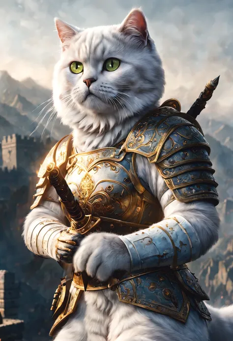 official art, unified 8k wallpaper, super detailed, Beautiful and beautiful, masterpiece, best quality, watching a film《lord of the ring》style of,Real scenes,Epic war scenes,(White British Shorthair Warrior:1.4),(whole body:1.2), Put on exquisite armor,hol...