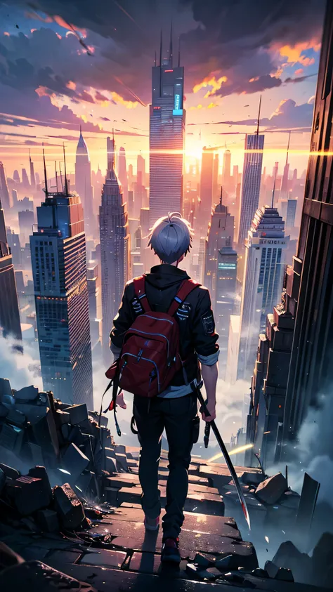 1boy,(a 27 years old guy : 1.5)、Anime-style protagonist、Cyberpunk Boy、silber hair、katanas,machine gun、Whole body bloody、Overhead view of the composition、The beginning of the adventure、Lots of clouds, heavy fog、Moon, Chaotic city of the future、dystopian、Vib...