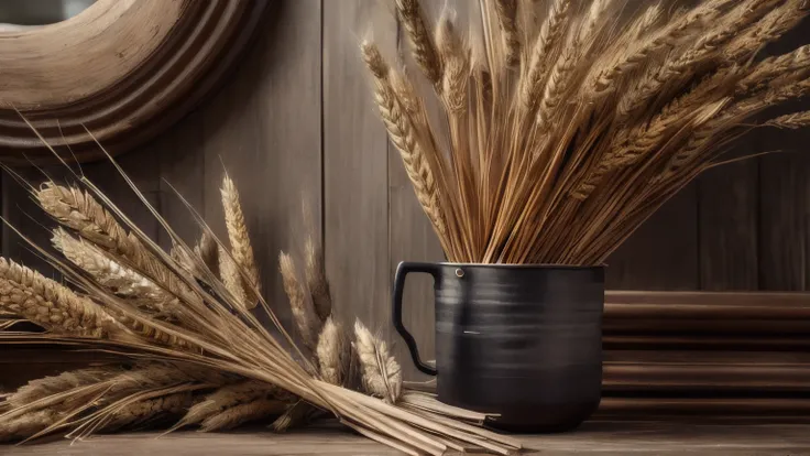 hyper ultra realistic photographs full body of A rustic, weathered glass vase filled with cotton bolls, their naturally creamy hues contrasting against a deep, earthy brown background. Dried wildflowers and wheat stalks peek out from the blooms, creating a...