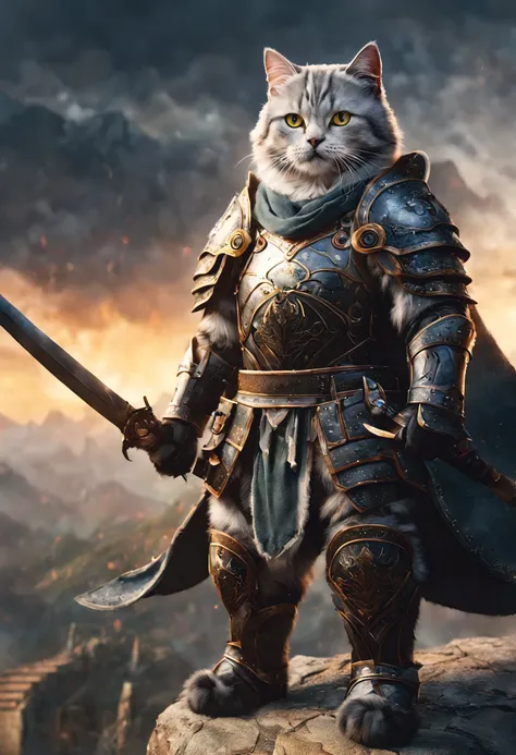 official art, unified 8k wallpaper, super detailed, Beautiful and beautiful, masterpiece, best quality, watching a film《lord of the ring》style of,Real scenes,Epic war scenes,(American Shorthair Warrior:1.4),(whole body:1.2), Wear exquisite armor and helmet...