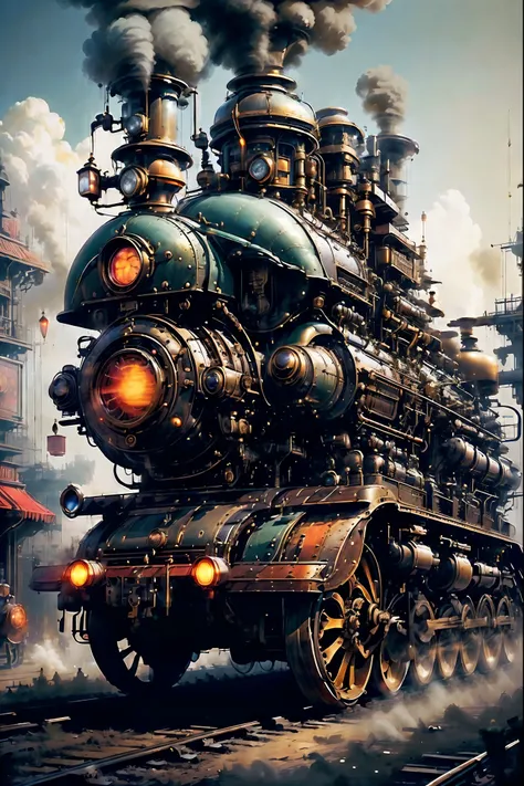 (masterpiece,top quality,best quality,official art,beautiful and beautiful:1.2),steampunk, victorian mechanical world,steam trai...