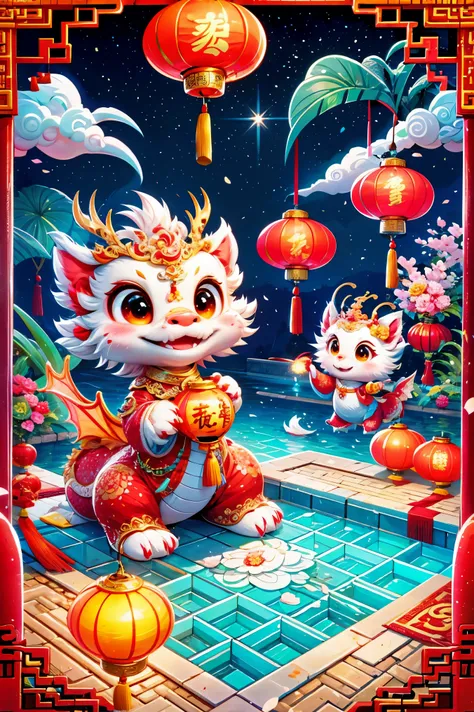 1 Chinese dragon，[(Chinese palace background:1.5)::5]，medium shot，Chinese style，Spring Festival，lantern，fireworks，firecracker，Floral fragrance，stone fragment，((Beautiful and delicate water)，((moiré floor))，Cute Chinese Dragon