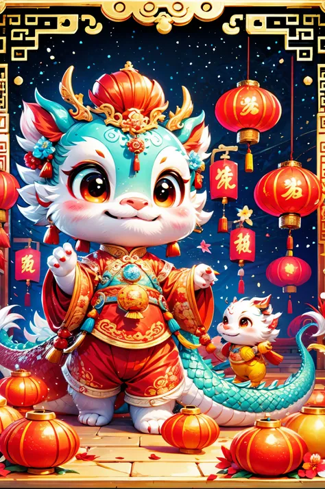 1 Chinese dragon，[(Chinese palace background:1.5)::5]，medium shot，Chinese style，Spring Festival，lantern，fireworks，firecracker，Floral fragrance，stone fragment，Beautiful and delicate water，moiré floor，Cute Chinese Dragon