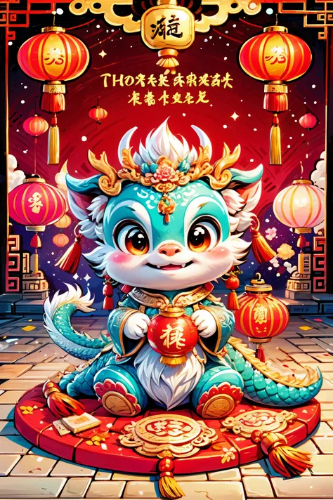 1 chinese dragon，[(chinese palace background:1.5)::5]，medium shot，chinese style，spring festival，lantern，fireworks，firecracker，fl...