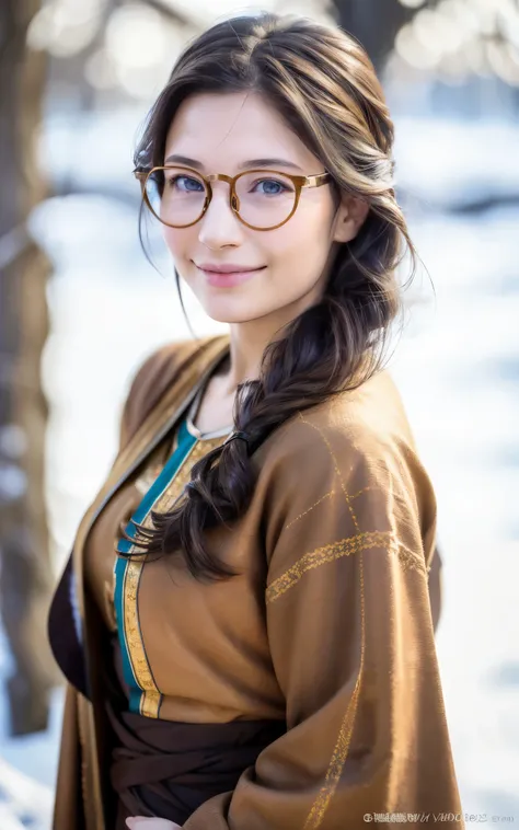 Young ainu woman with the face of (Gal Gadot:Evangeline Lilly), (looking at viewer, light smile, ), brown hair, brown eyes,  long hair, hair_flying, Fluttering hair, flying_hair, ((Transparent glasses, glasses, glasses_on_nose)), ((traditional ainu clothes...