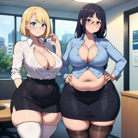 , ((highres)),Masterpiece, high quality, best quality, beautiful, perfect lighting, detailed face, ultra cute face, ((2girls)), embarrassed look, ((blush)), looking at viewer, hand on hip, standing in office, (office), daytime, dress shirt, pencil skirt, (...