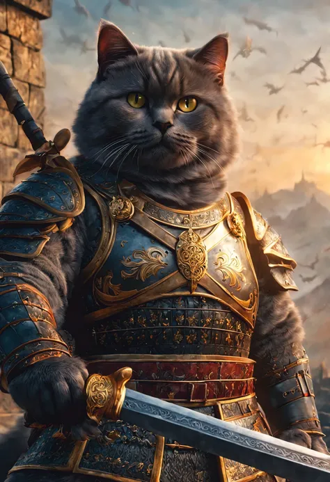official art, unified 8k wallpaper, super detailed, Beautiful and beautiful, masterpiece, best quality, watching a film《lord of the ring》style of,Real scenes,Epic war scenes,(A fat British shorthair warrior cat:1.4),Put on exquisite armor,Holding a long sw...