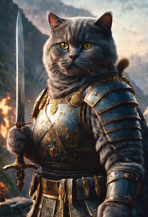 official art, unified 8k wallpaper, super detailed, Beautiful and beautiful, masterpiece, best quality, watching a film《lord of the ring》style of,Real scenes,Epic war scenes,(A fat British shorthair warrior cat:1.4),Put on exquisite armor,Holding a long sw...