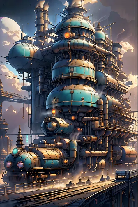 unique world where vaporwave aesthetics blend seamlessly with retrofuturism, wondrous canvas of a victorian mechanical era, stea...