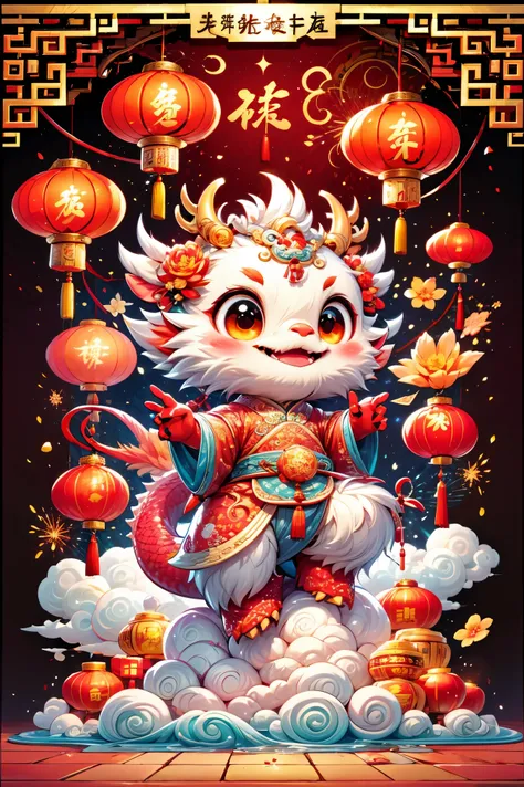 1 Chinese dragon，[(red background:1.5)::5]，medium shot，Chinese style，chinese palace，Spring Festival，lantern，fireworks，firecracker，flowers，clouds，stone fragment，Beautiful and delicate water，Wood grain flooring，Cute Chinese Dragon