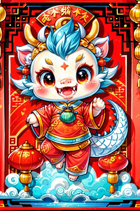 1 Chinese dragon,(China red:1.5),medium shot,Chinese style,chinese palace,Spring Festival,lantern,fireworks,firecracker,flowers,clouds,stone fragment,Beautiful and delicate water,Wood grain flooring,Cute Chinese Dragon