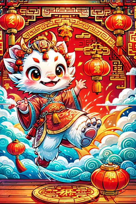 1 Chinese dragon,(China red:1.5),medium shot,Chinese style,chinese palace,Spring Festival,lantern,fireworks,firecracker,flowers,clouds,stone fragment,Beautiful and delicate water,Wood grain flooring,Cute Chinese Dragon