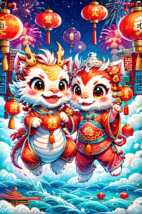 1 Chinese dragon,(China red:1.5),medium shot,Chinese style,chinese palace,Spring Festival,lantern,fireworks,firecracker,flowers,clouds,stone fragment,Beautiful and delicate water,Wood grain flooring,Cute Chinese Dragon,(photography: 1.2)