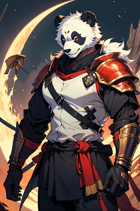 panda bear monster, oriental armor, serious expression,, moon night background